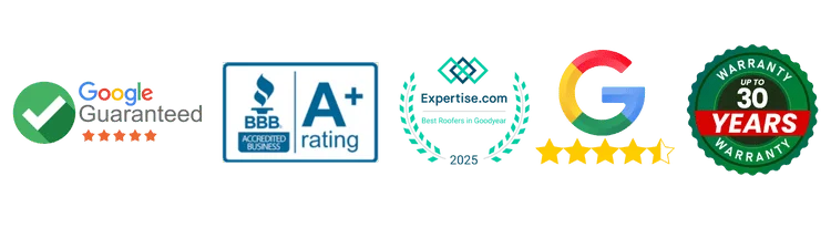 Trust Badges - Google Guaranteed, BBB A+ Rating, Expertise.com, Google Reviews, 30 Year Warranty